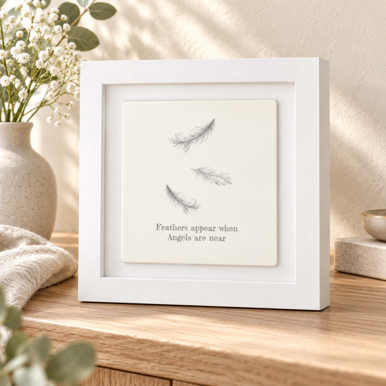 Ceramic Framed Tile – Feathers Appear Print With Wooden Frame | Small Wall Art Remembrance Gift