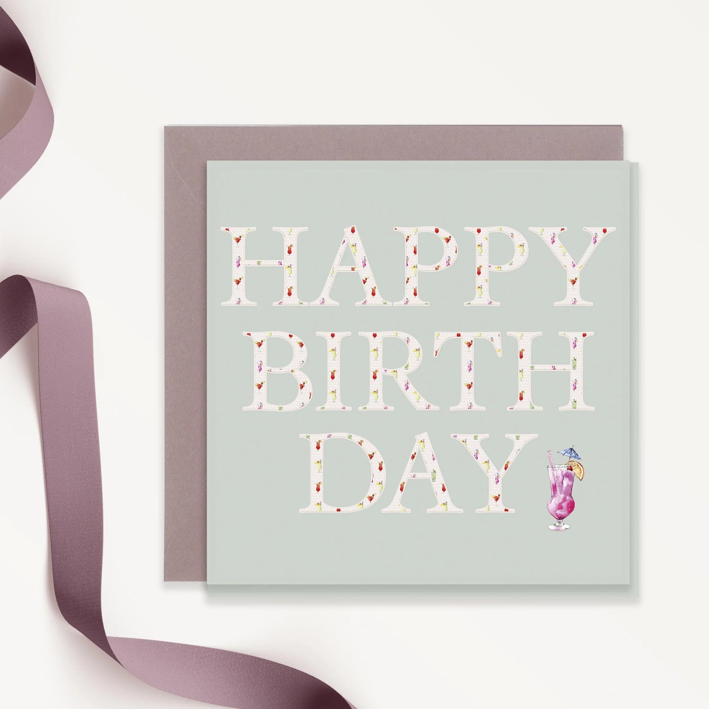Floral happy birthday card with cocktail illustration and lilac ribbon