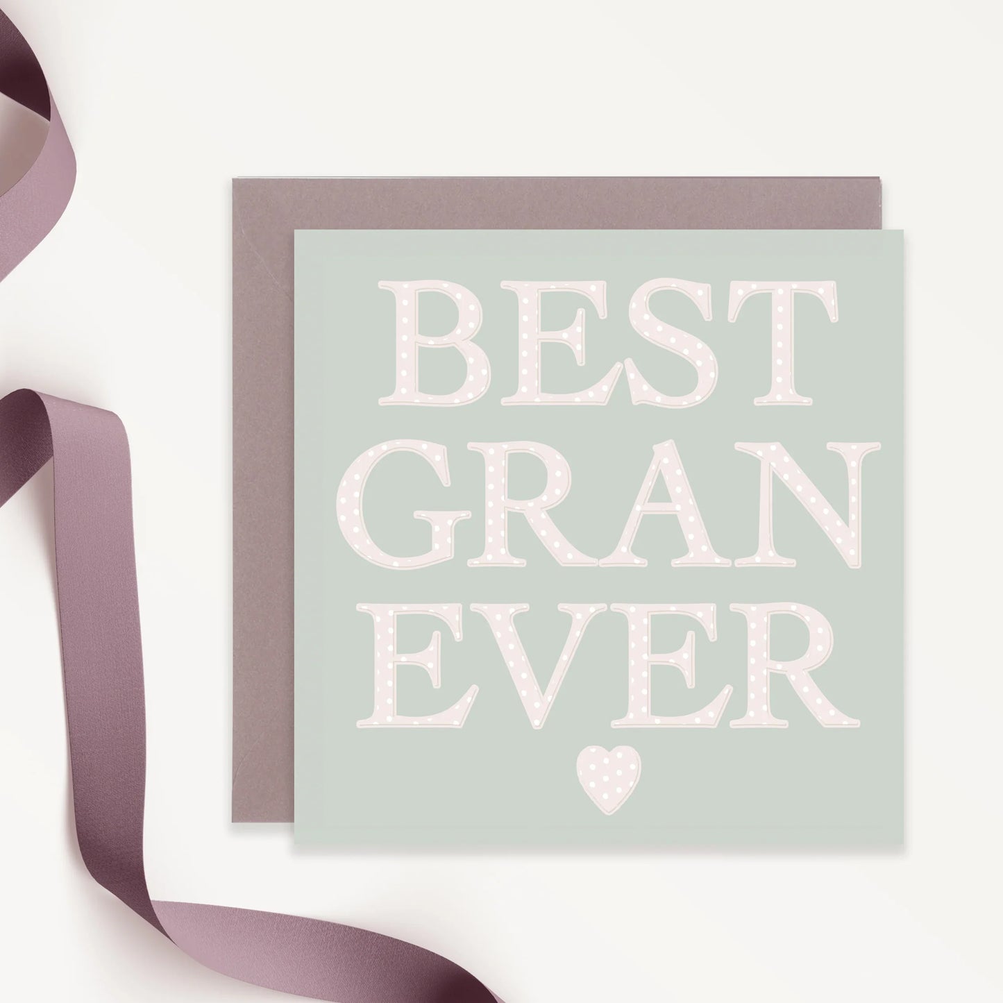Greeting card with 'Best Gran Ever' in white polka dot letters and mauve envelope