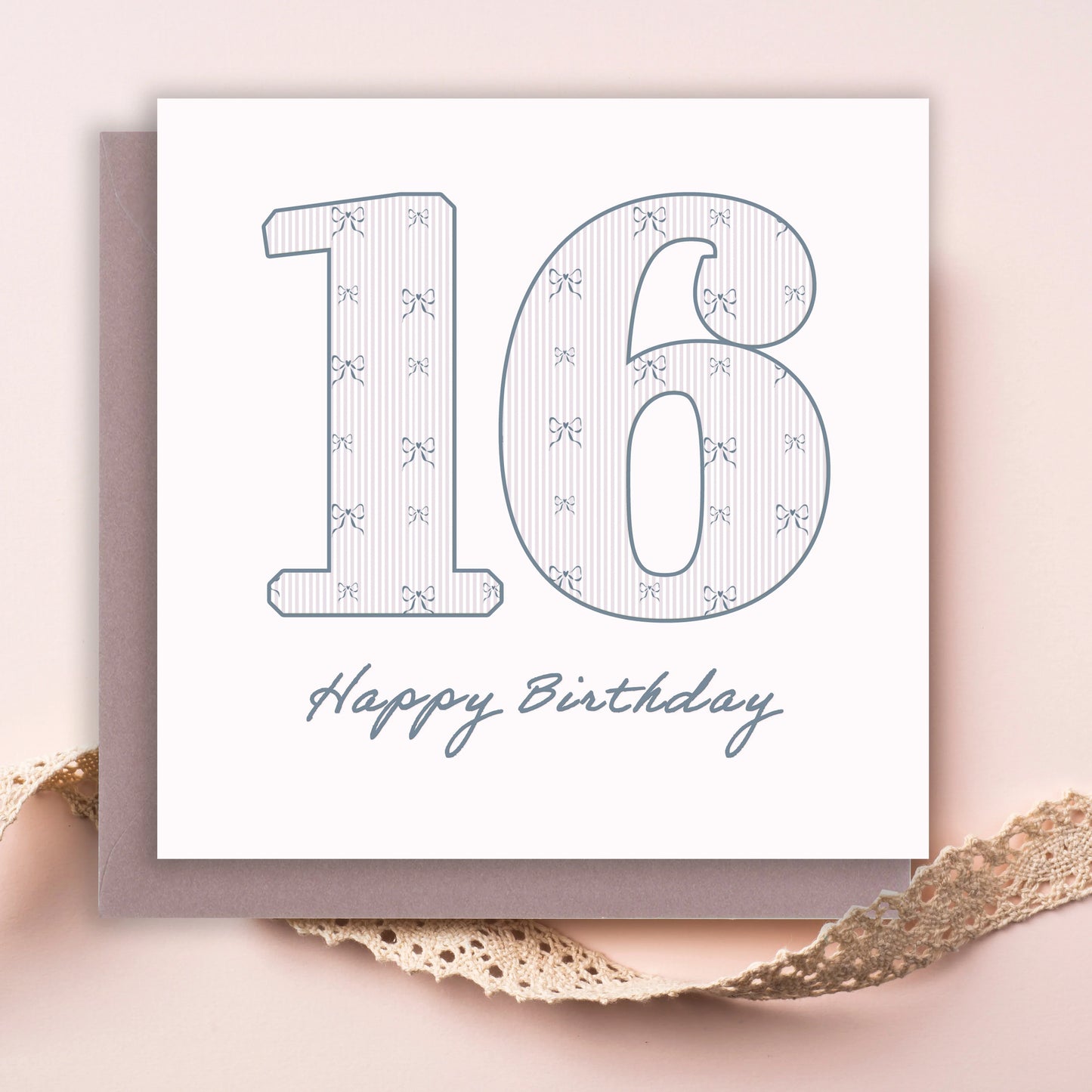 16th birthday card with bow pattern and Happy Birthday text, on a pink background