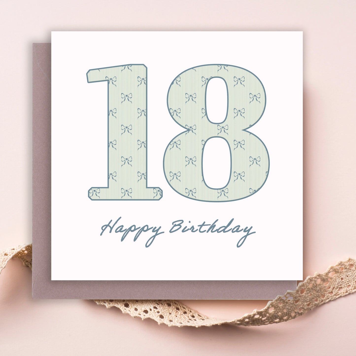 Handcrafted 18th birthday card with bow pattern and 'Happy Birthday' text on pastel background