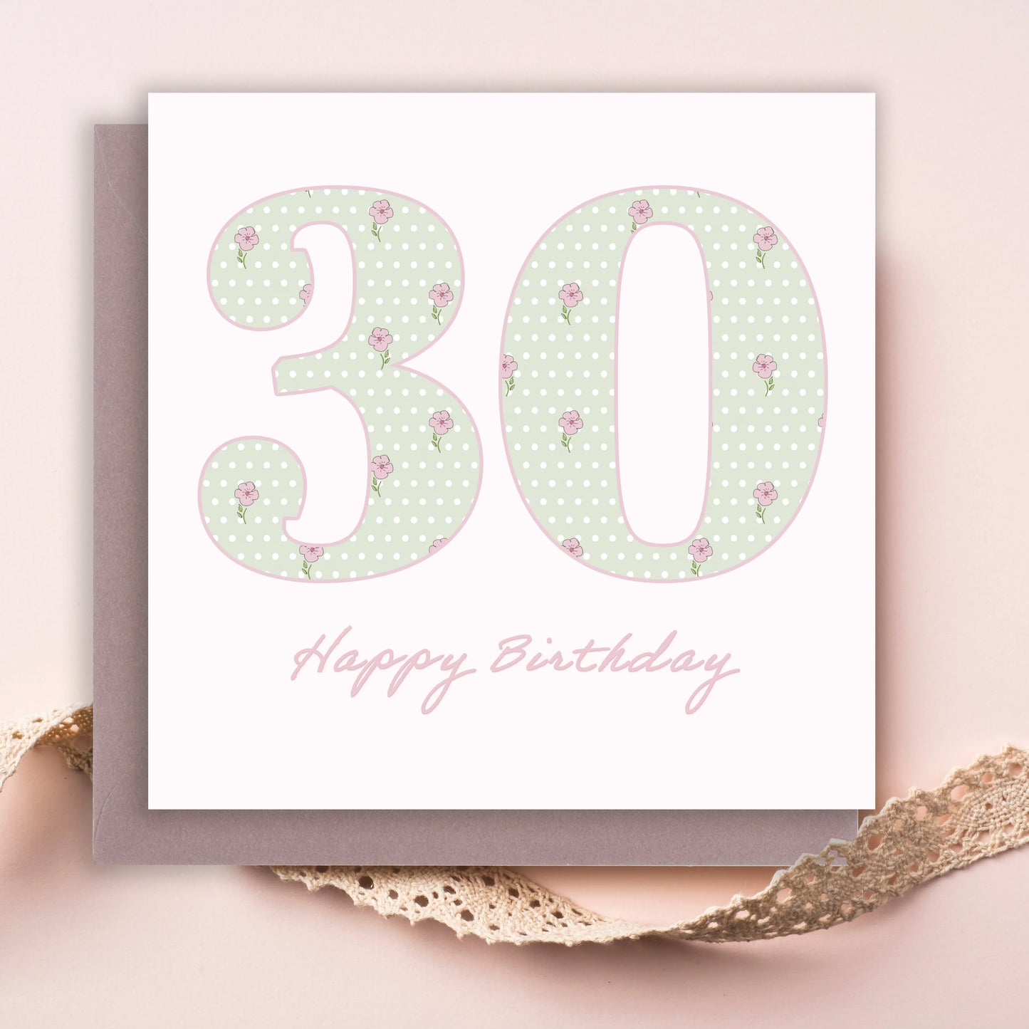 30th birthday card with floral polka dot design and 'Happy Birthday' text on pastel background