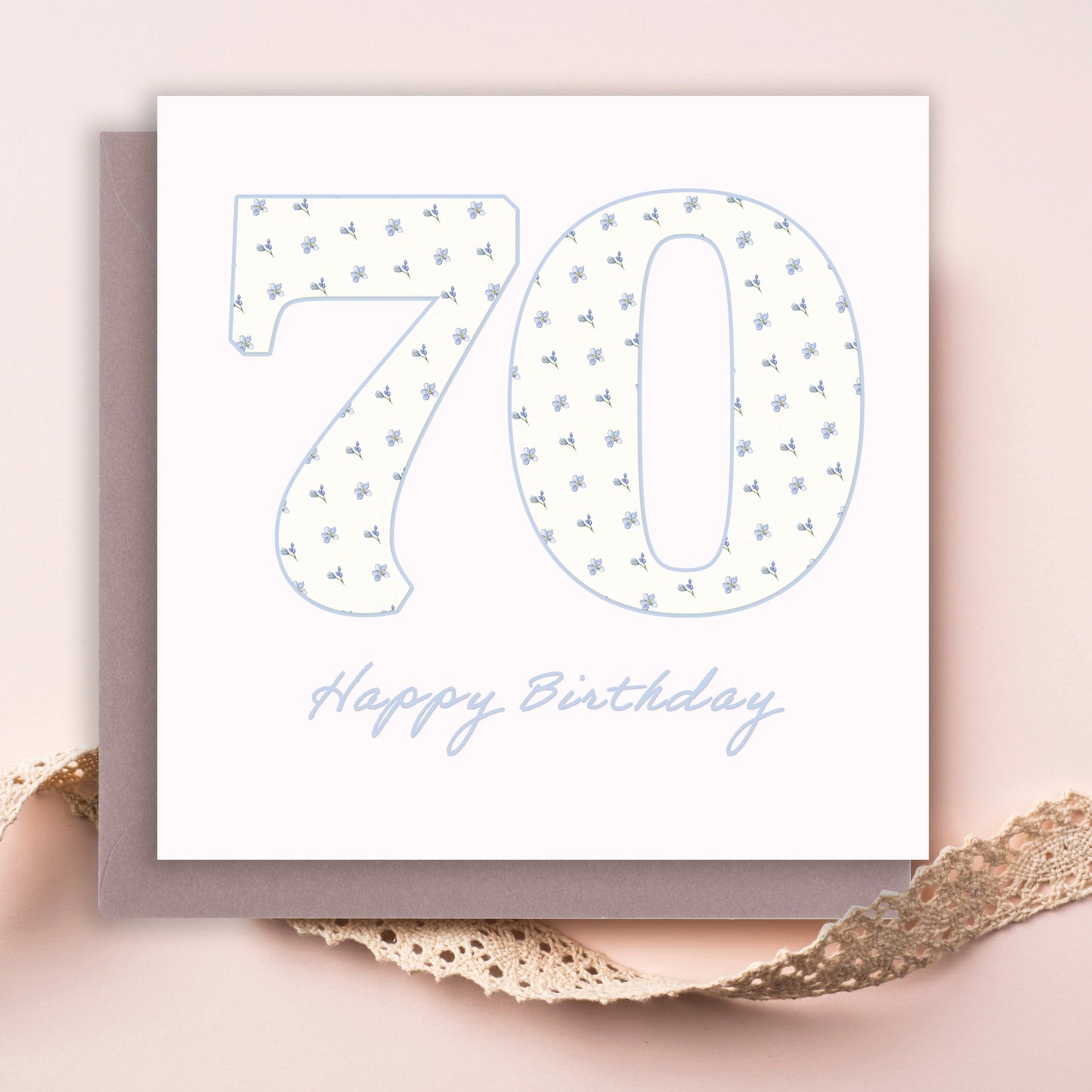 70th birthday card with floral patterned numbers and Happy Birthday text on pastel background