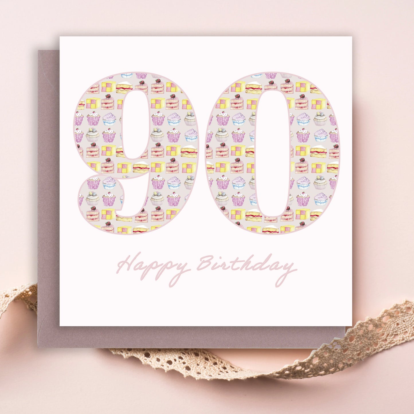 90th birthday card with pastel cake and treat pattern, Happy Birthday text, lace ribbon