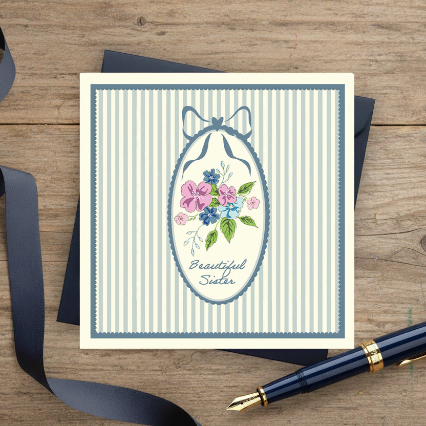 Sister Floral Scallop Greeting Card – Luxury Handmade Mum Card With Navy Envelope