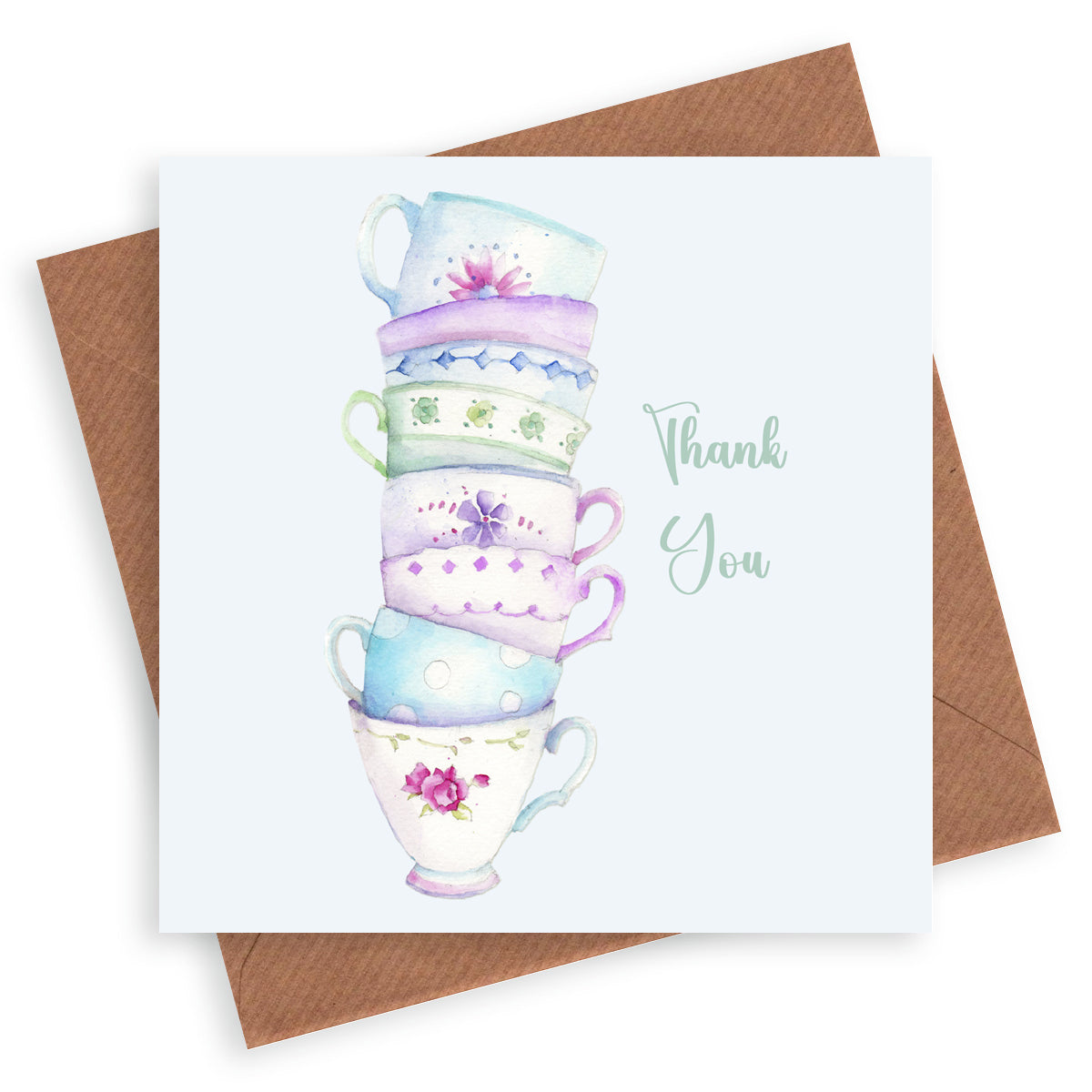 Tea Cups – Luxury Thank You Greeting Card with Kraft Envelope Included