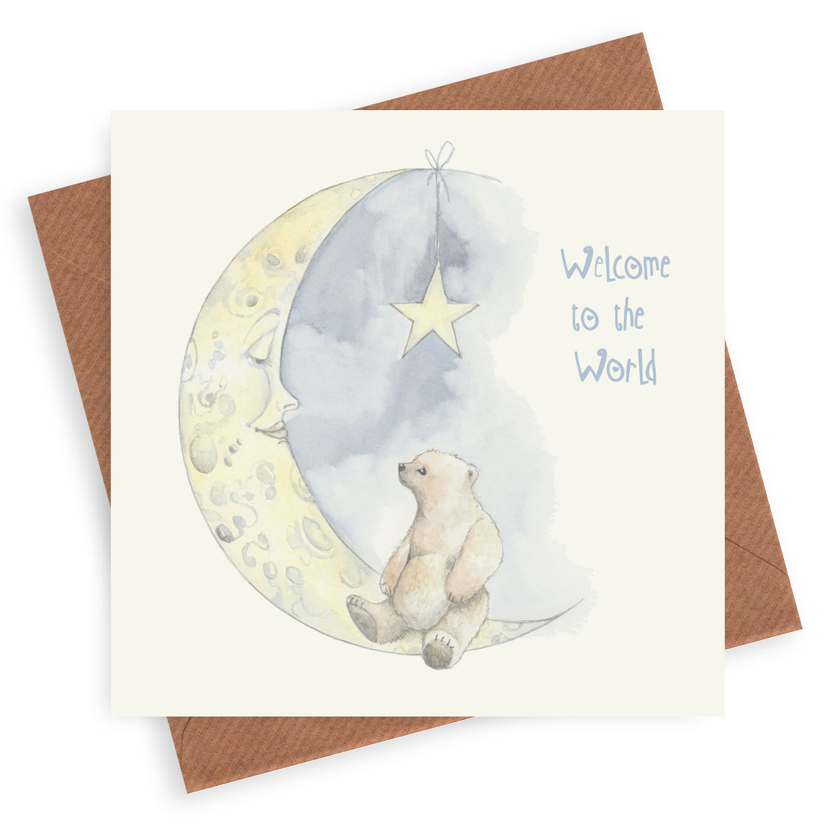 Teddy And Moon – Luxury New Baby Greeting Card with Kraft Envelope Included