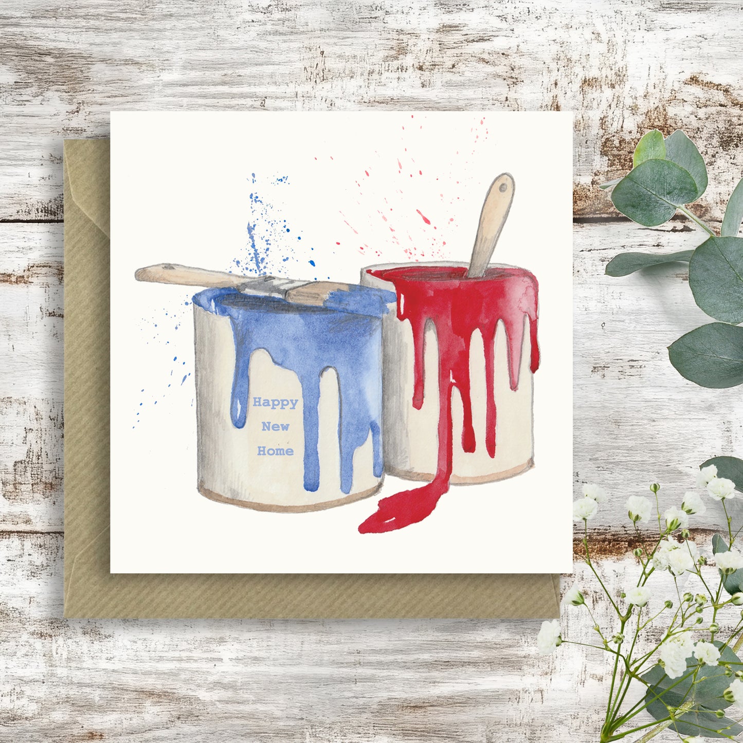 Paint Pots New Home – Luxury Greeting Card with Kraft Envelope Included