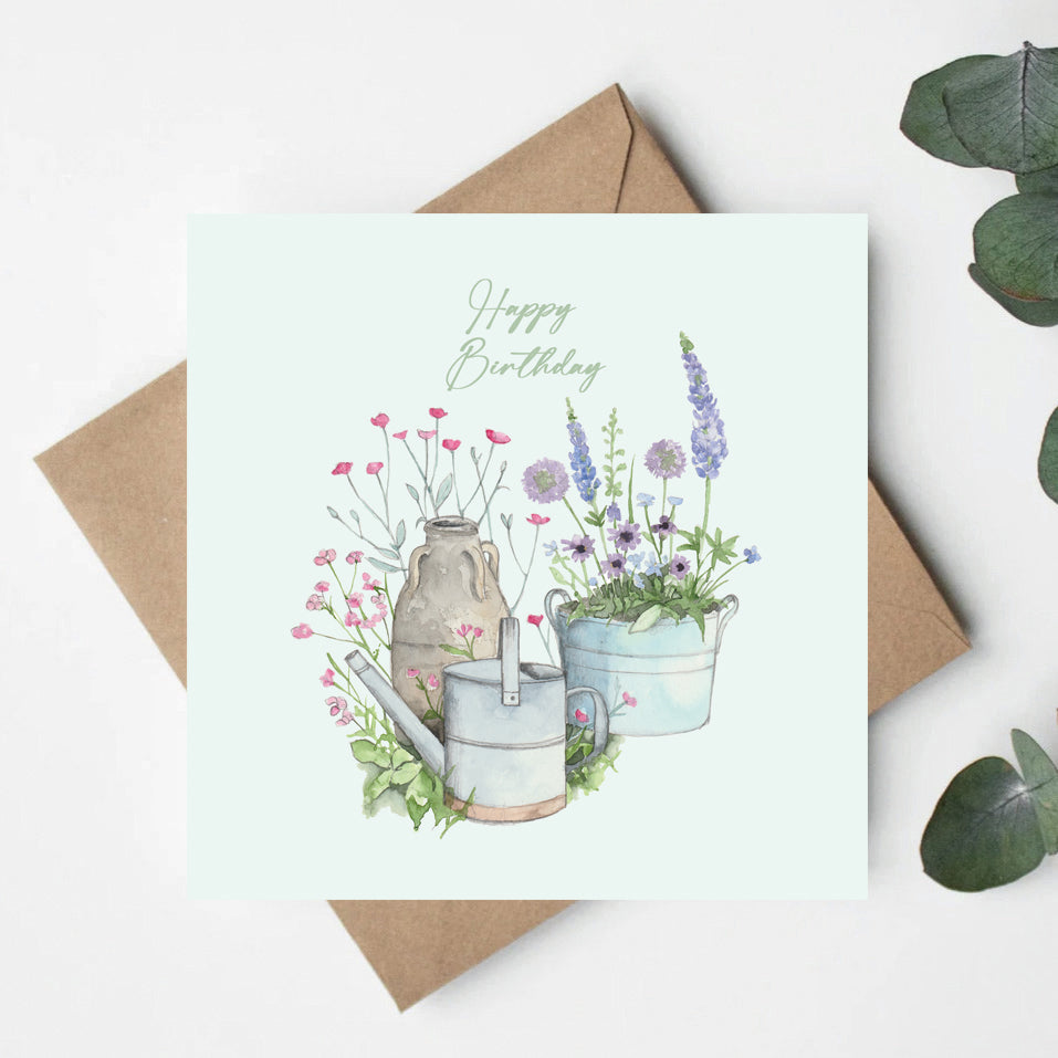 Flower Pots & Watering Can– Luxury Birthday Greeting Card with Kraft Envelope Included