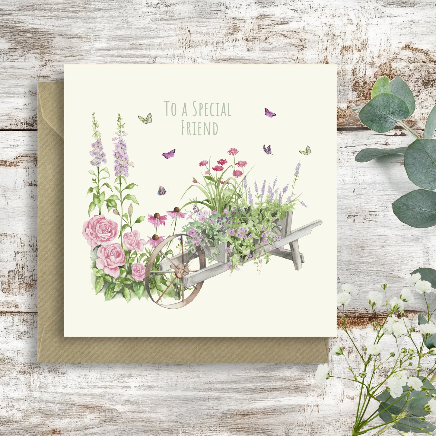 Wheelbarrow Special Friend– Luxury Birthday Greeting Card with Kraft Envelope Included