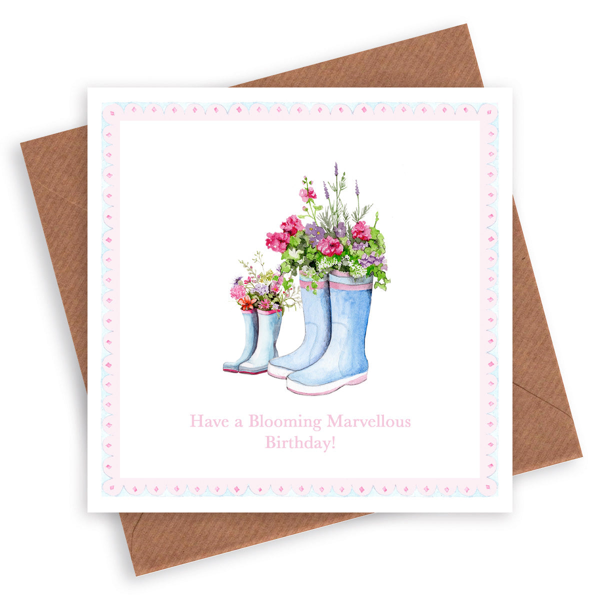 Wellies & Flowers– Luxury Birthday Greeting Card with Kraft Envelope Included