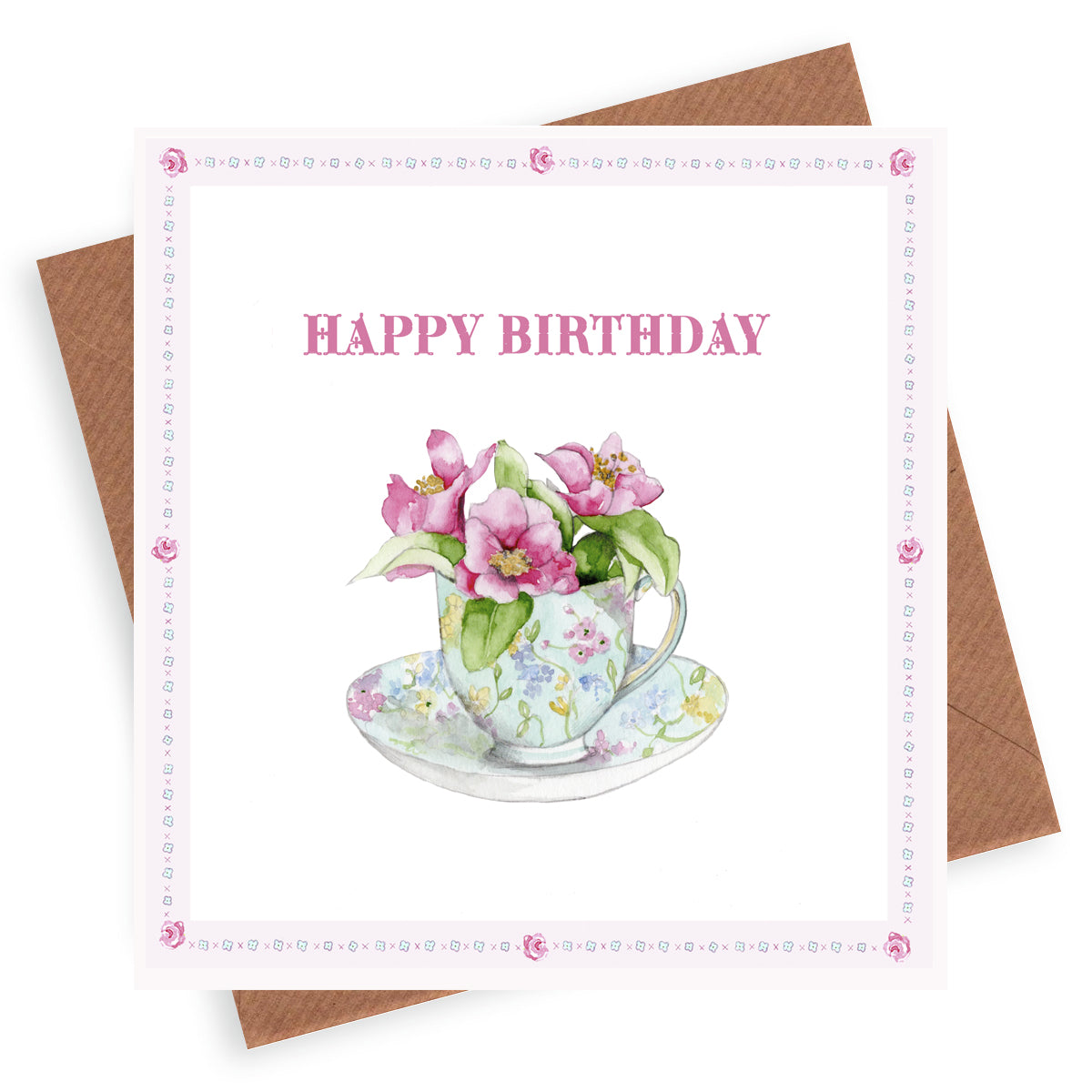Flowers in a Teacup– Luxury Birthday Greeting Card with Kraft Envelope Included
