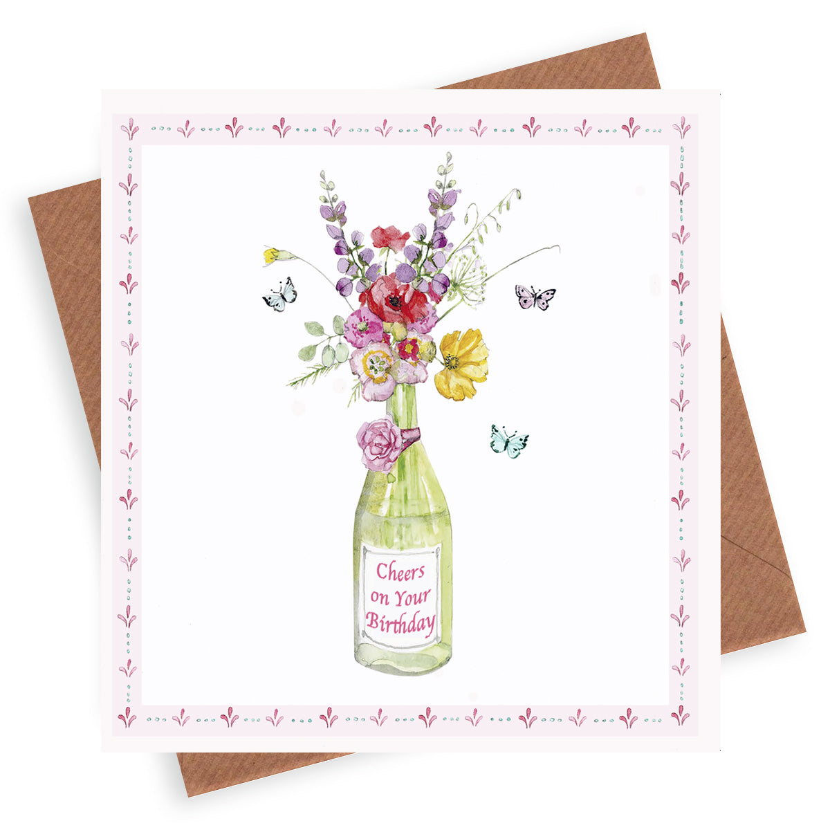 Wine Bottle & Flowers– Luxury Birthday Greeting Card with Kraft Envelope Included