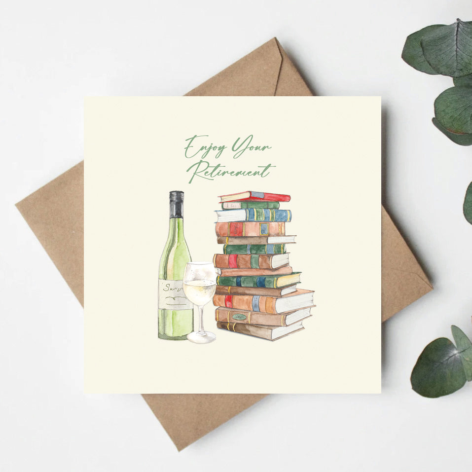 Books and Wine – Luxury Retirement Greeting Card with Kraft Envelope Included