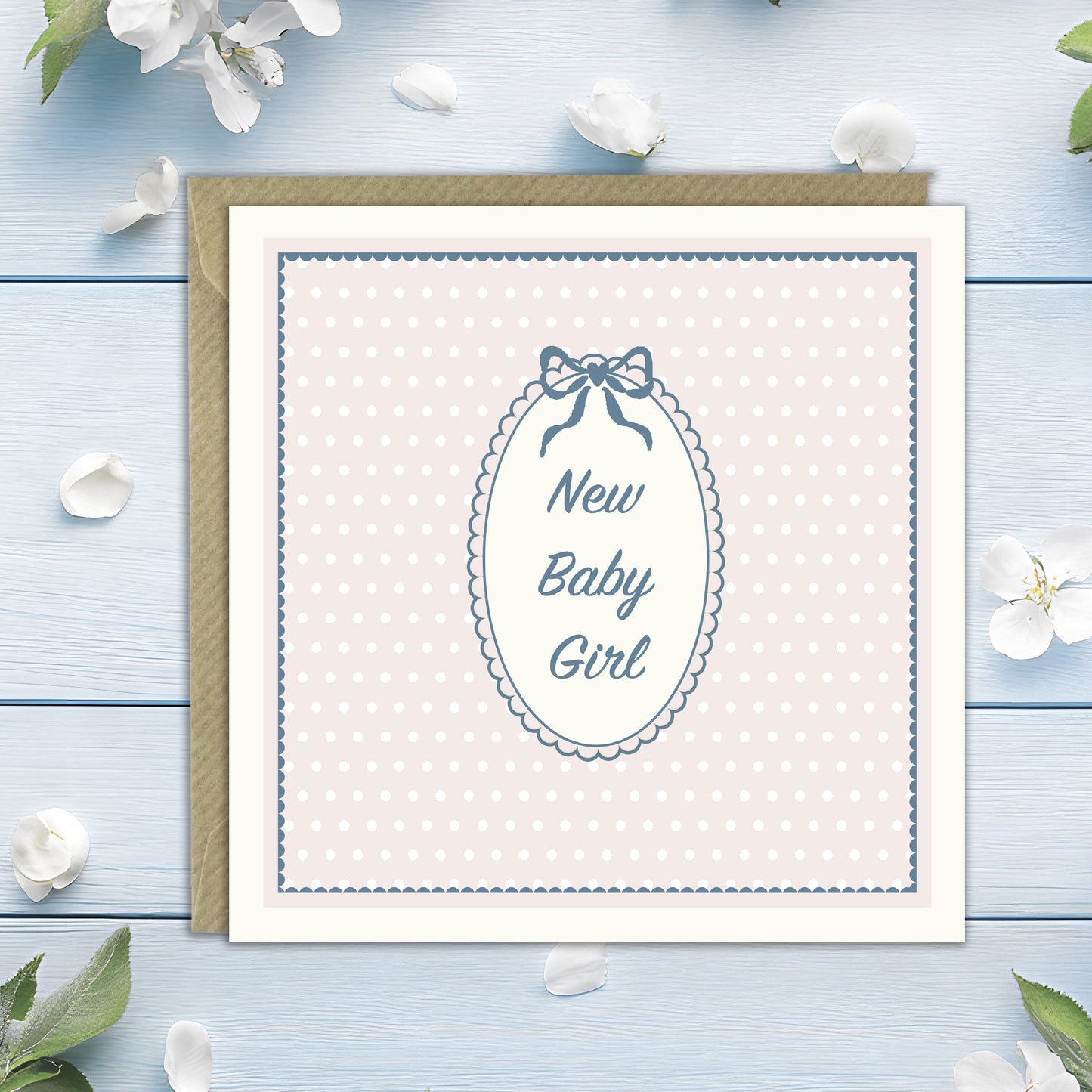 Vintage Design – Luxury New Baby Girl Greeting Card with Kraft Envelope Included