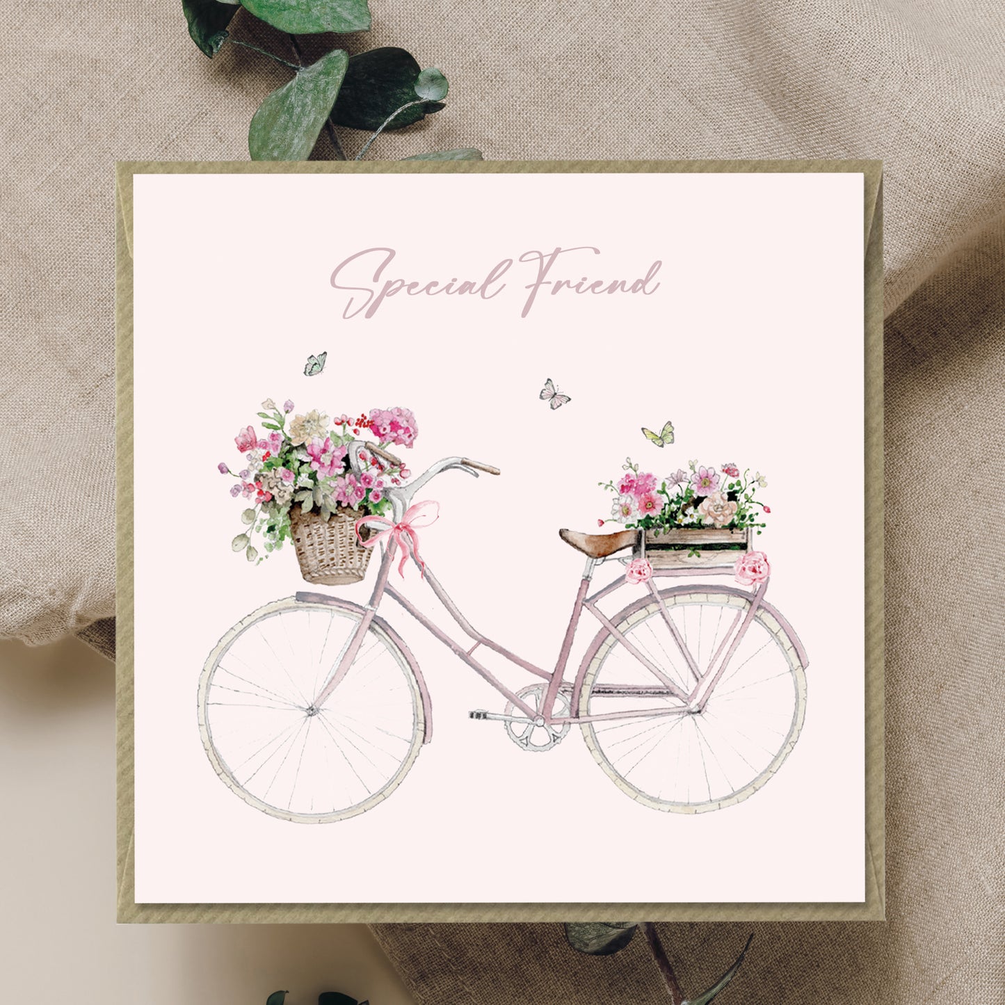 Pink Bicycle Special Friend– Luxury Birthday Greeting Card with Kraft Envelope Included