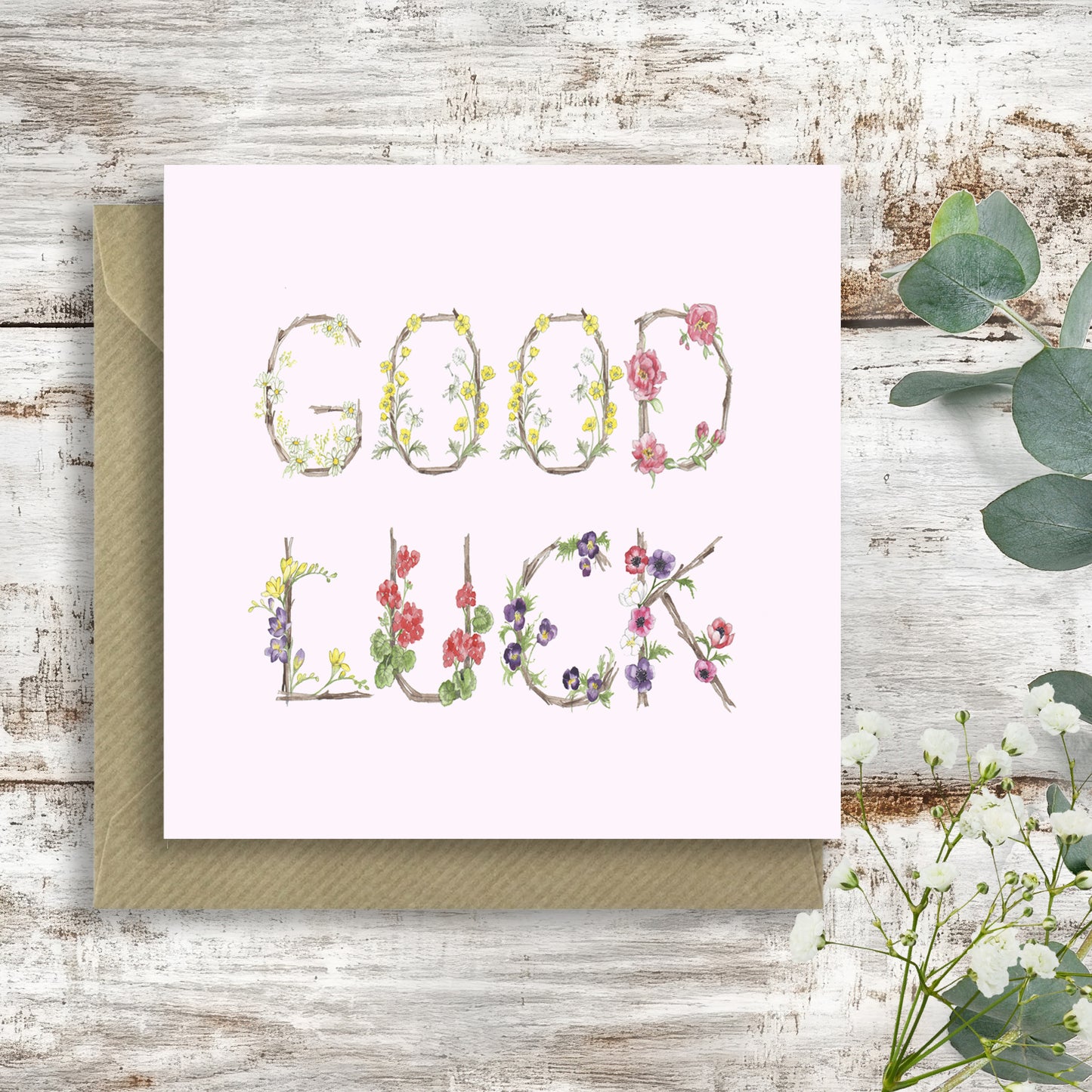 Floral Letters Good Luck – Luxury Greeting Card with Kraft Envelope Included