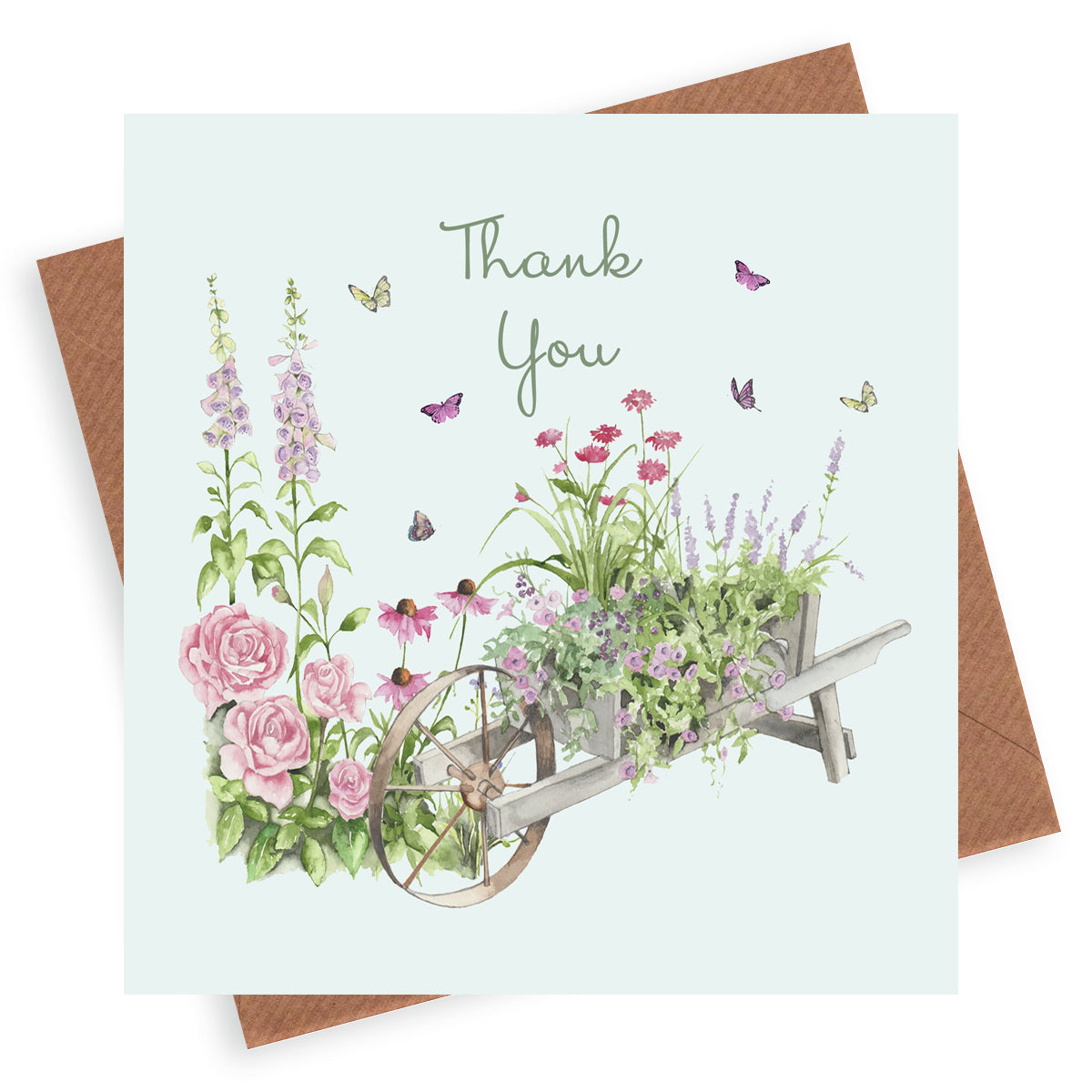 Wheelbarrow & Flowers Thank You– Luxury Greeting Card with Kraft Envelope Included