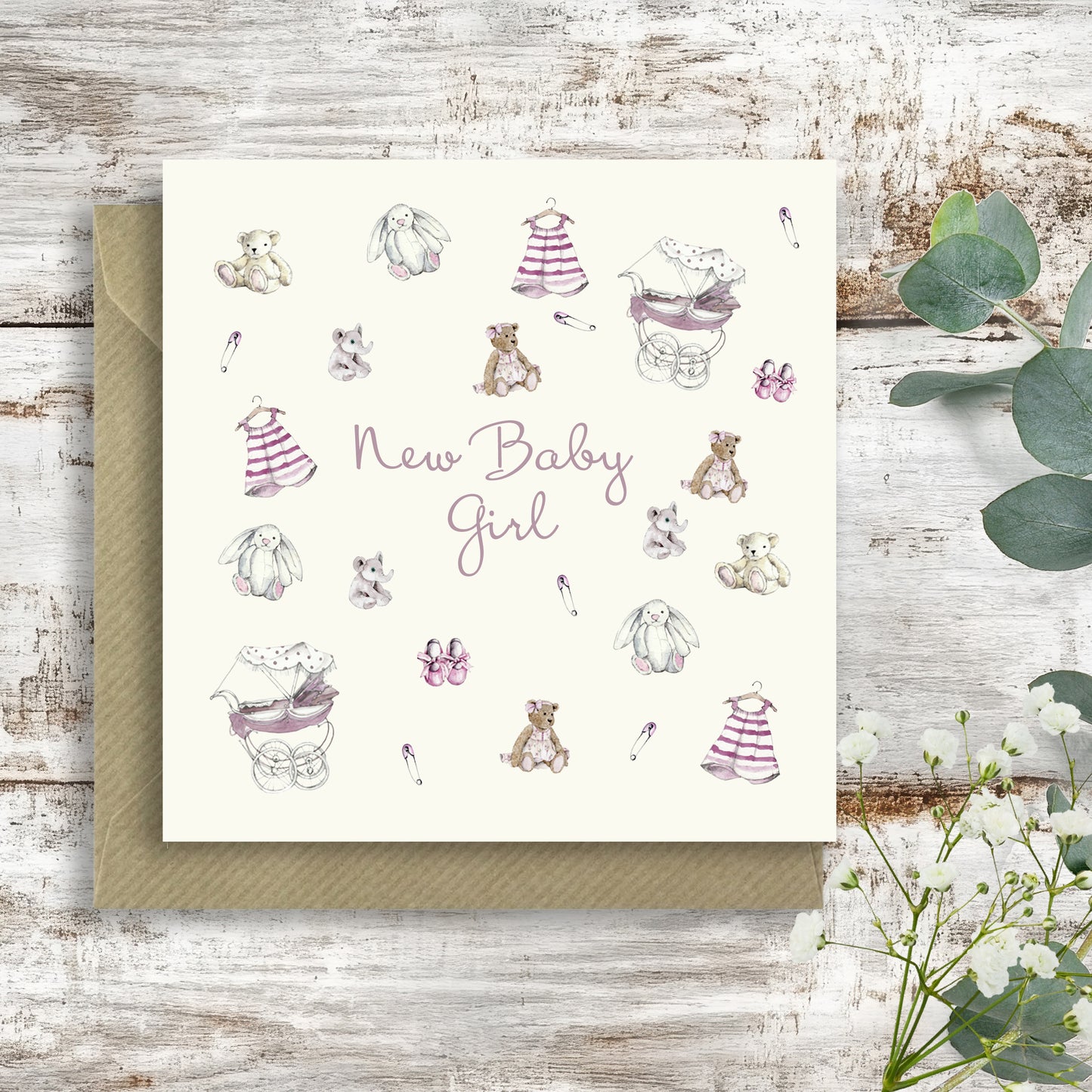 New Baby Design – Luxury New Baby Girl Greeting Card with Kraft Envelope Included