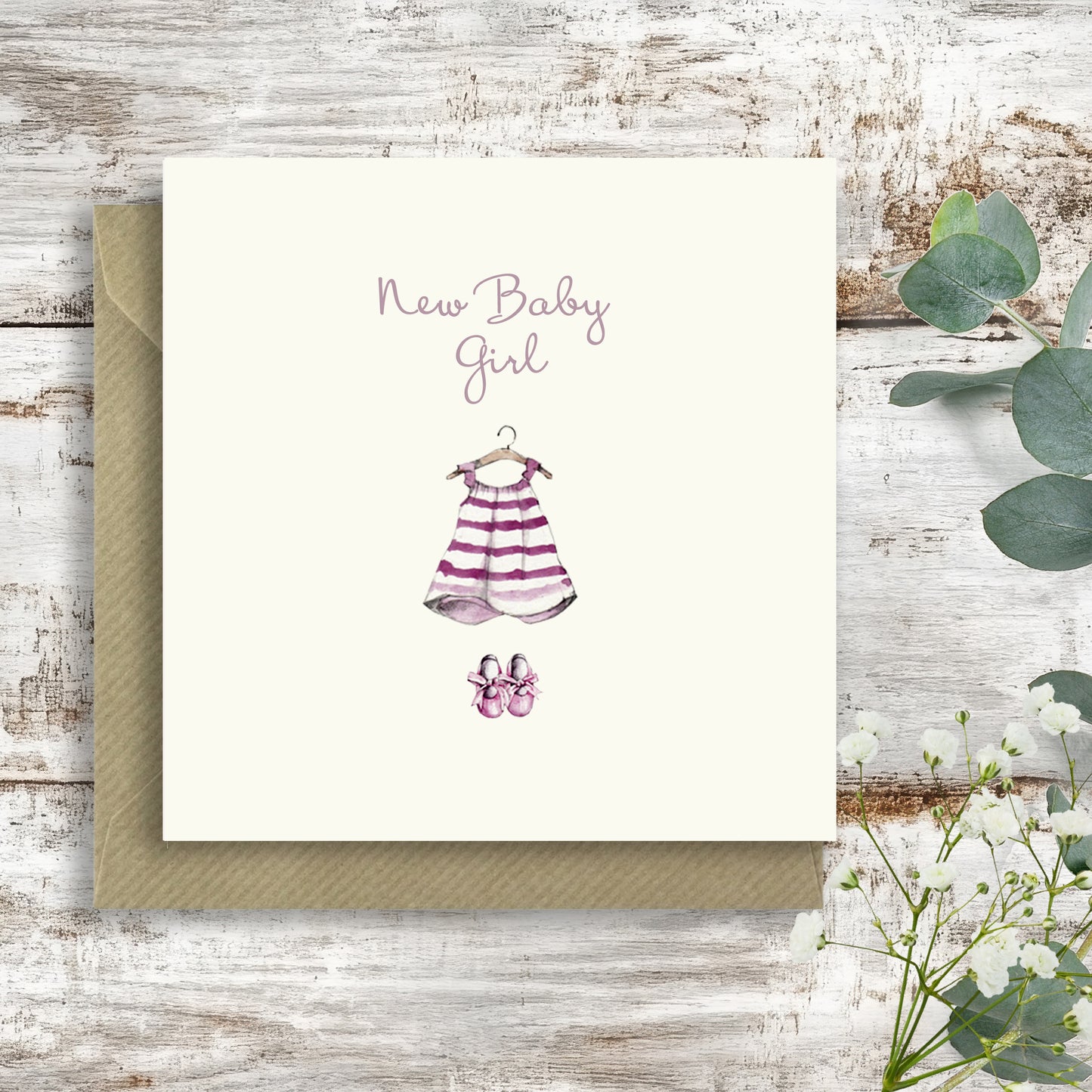 Pink Dress – Luxury New Baby Girl Greeting Card with Kraft Envelope Included