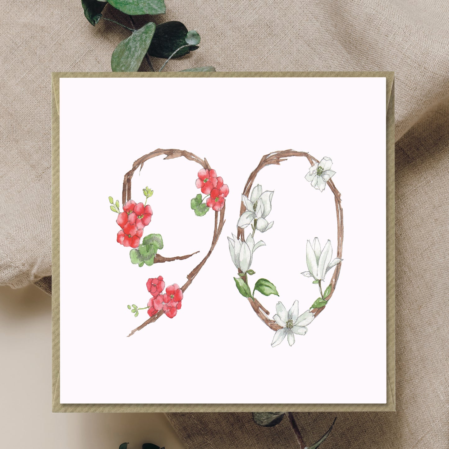 90th Floral Birthday – Luxury Birthday Greeting Card with Kraft Envelope Included
