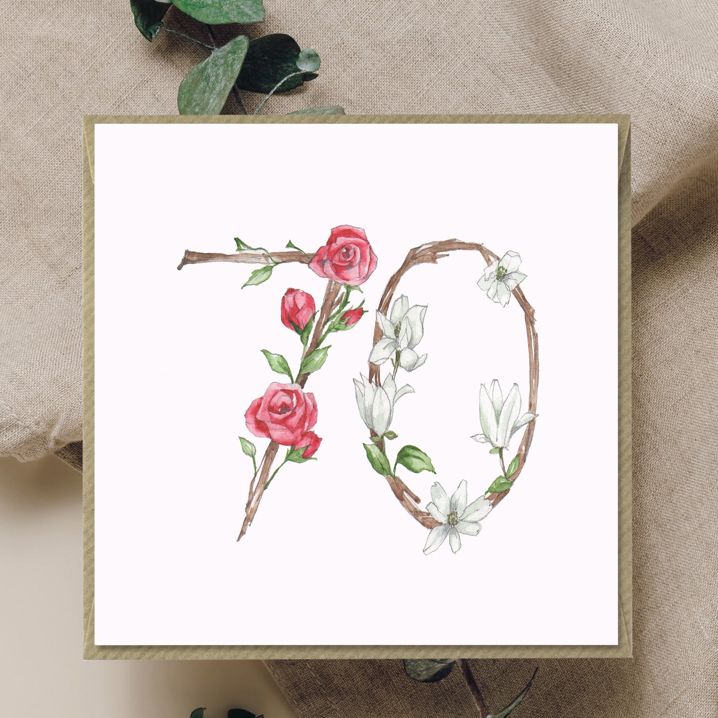 70th Floral Birthday – Luxury Birthday Greeting Card with Kraft Envelope Included