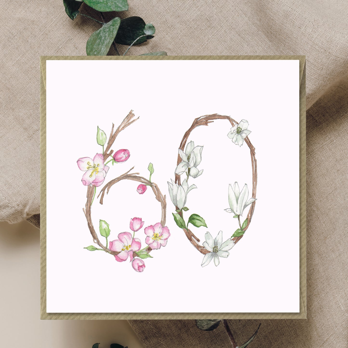 60th Floral Birthday – Luxury Birthday Greeting Card with Kraft Envelope Included