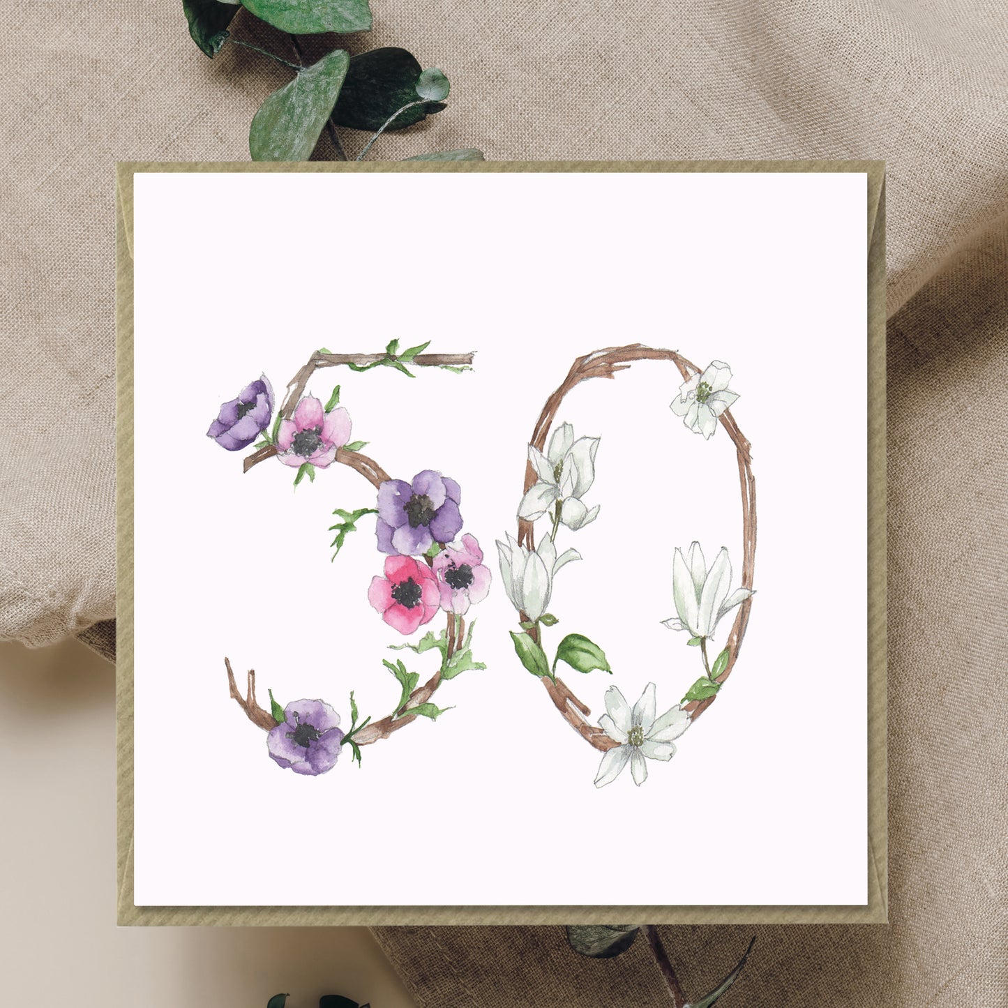 50th Floral Birthday – Luxury Birthday Greeting Card with Kraft Envelope Included