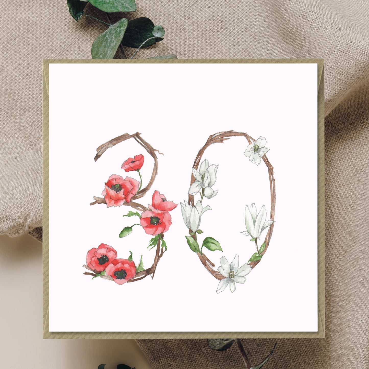 30th Floral Birthday – Luxury Birthday Greeting Card with Kraft Envelope Included