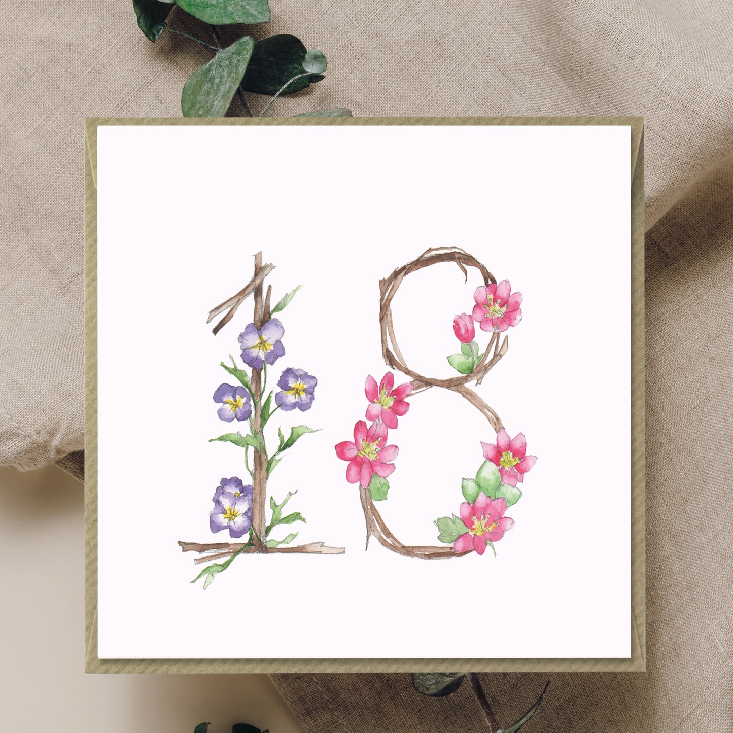 18th Floral Birthday – Luxury Birthday Greeting Card with Kraft Envelope Included