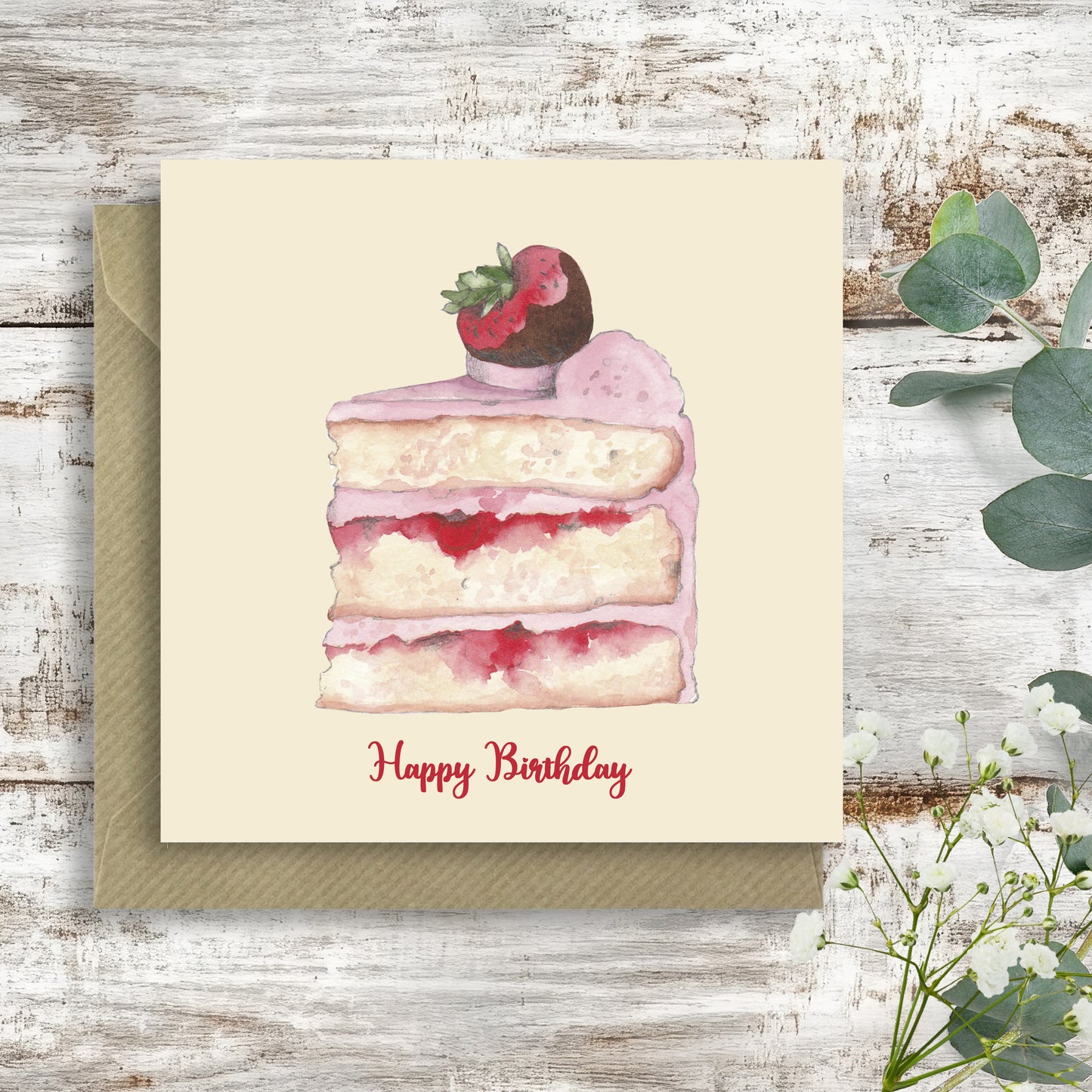 Strawberry Cake – Luxury Birthday Greeting Card with Kraft Envelope Included