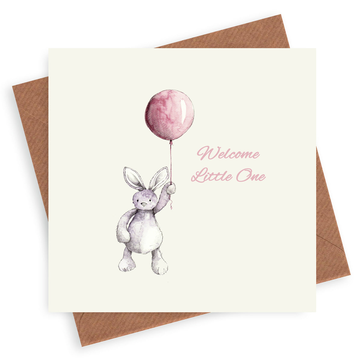 Bunny and Balloon – Luxury New Baby Girl Greeting Card with Kraft Envelope Included