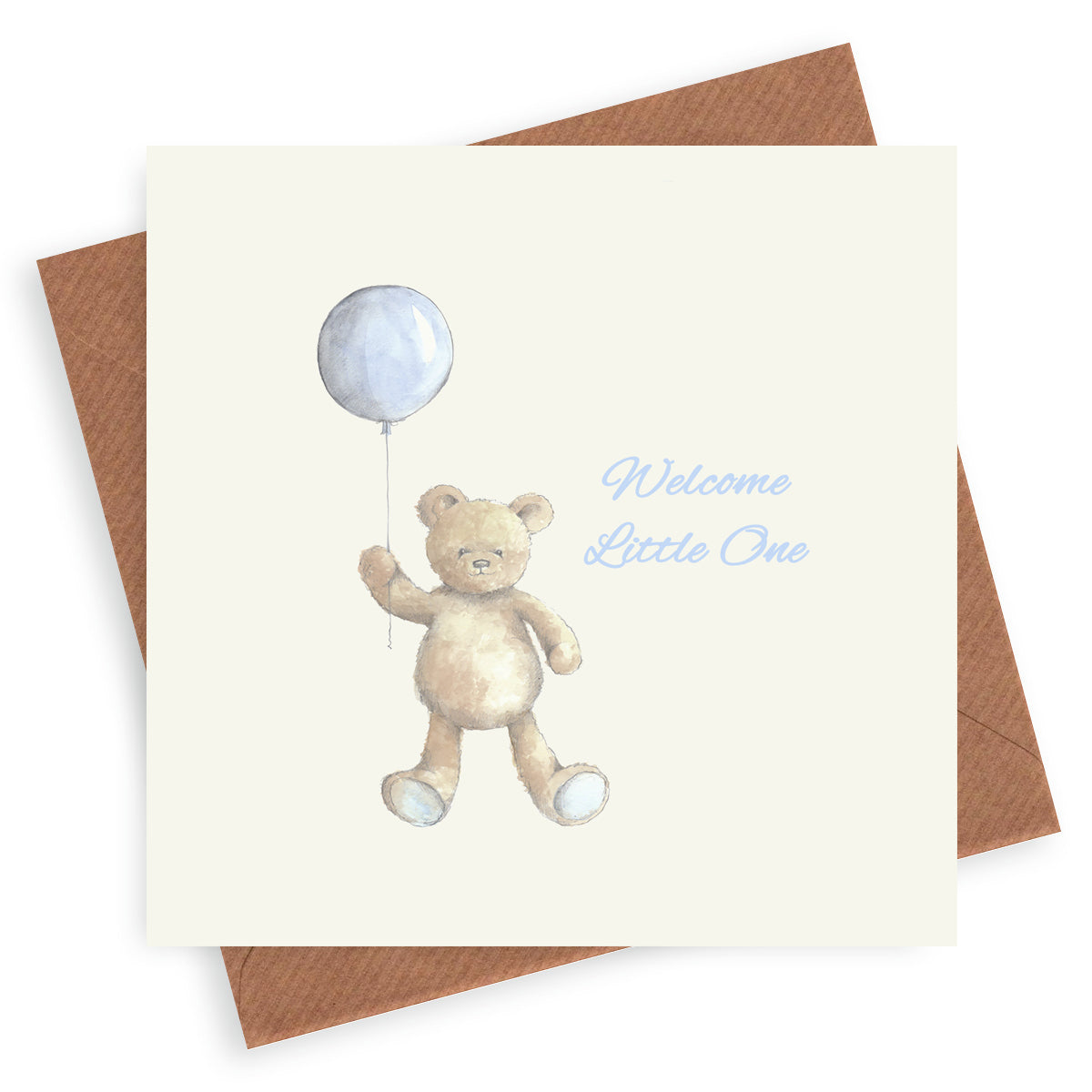 Teddy With Balloon – Luxury New Baby Boy Greeting Card with Kraft Envelope Included