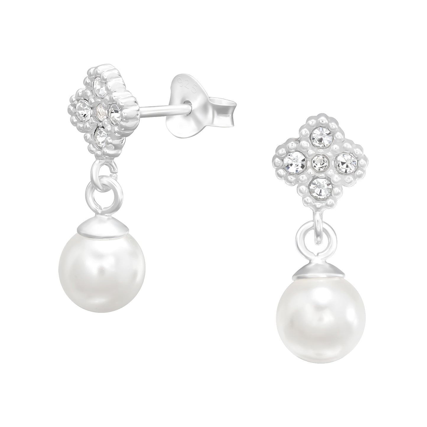 Silver Stud Earrings – Sparkling Pearl and Cubic Zirconia Dangle Drop -  Hypoallergenic - 925 Sterling - Jewellery Gift