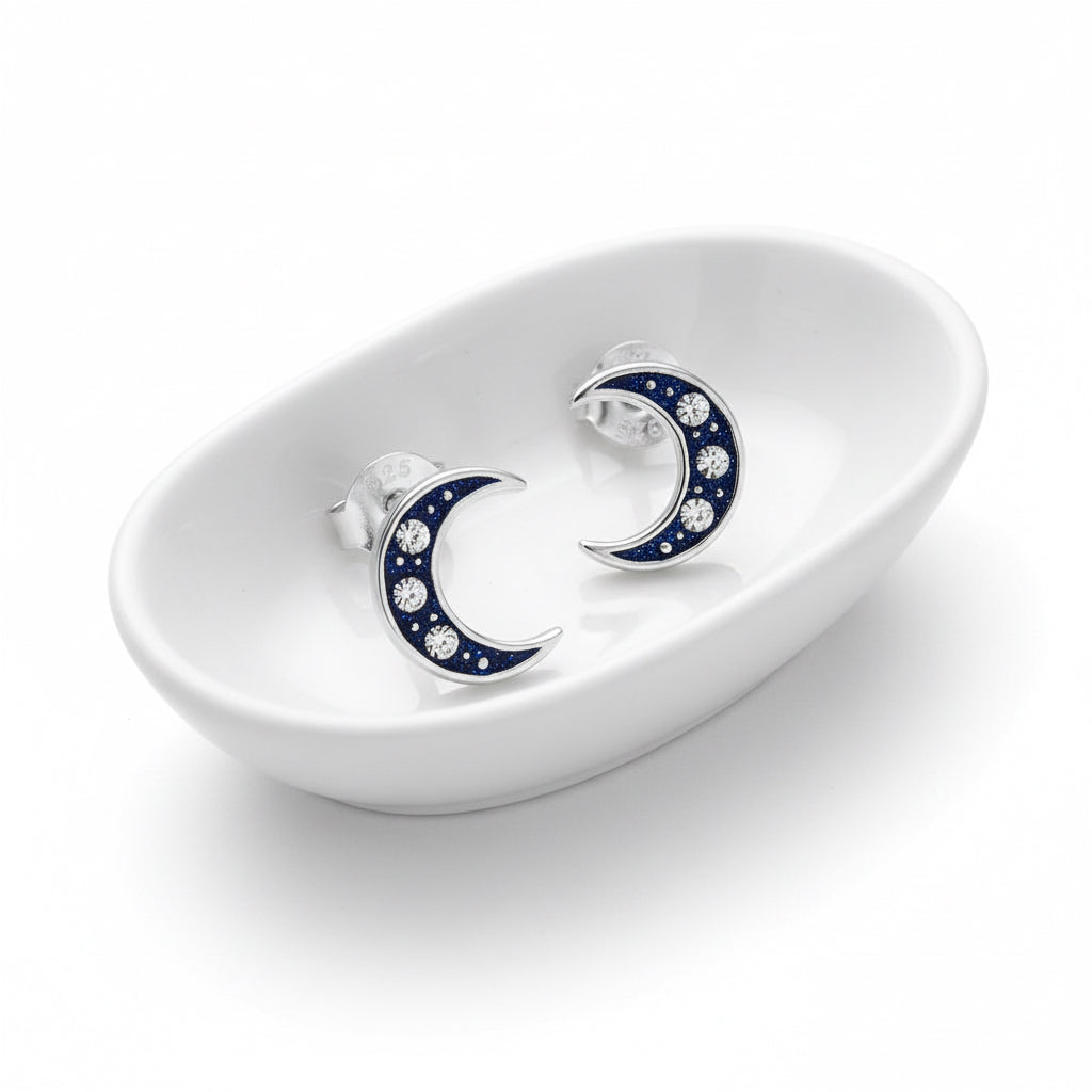 Sterling Silver Earrings – Handcrafted Moon Studs With Gift Box & Love Card