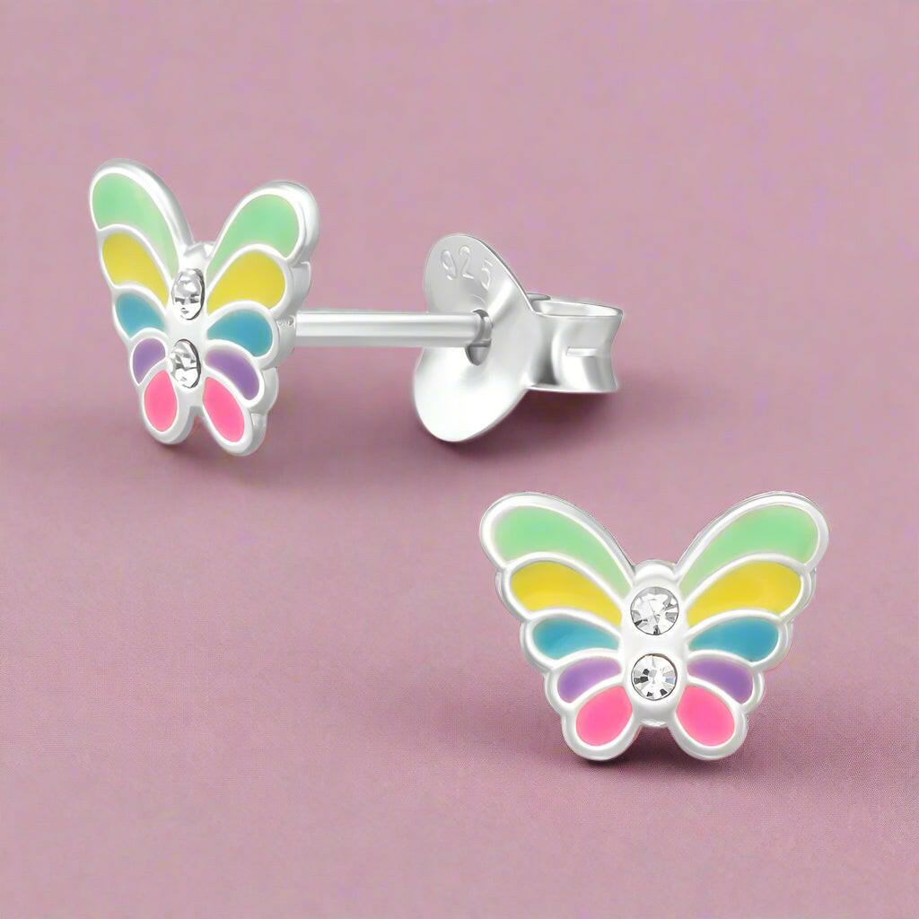 Silver Colourful Butterfly Stud Earrings - Cute and Stylish Jewellery - Crumble and Core