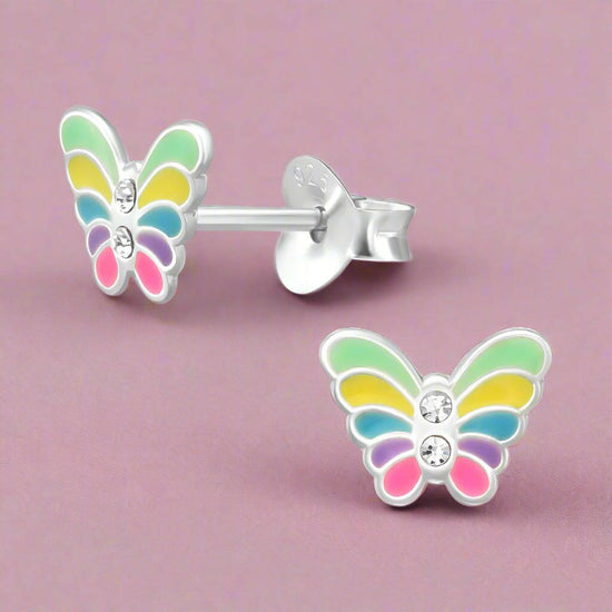Silver Colourful Butterfly Stud Earrings - Cute and Stylish Jewellery - Crumble and Core