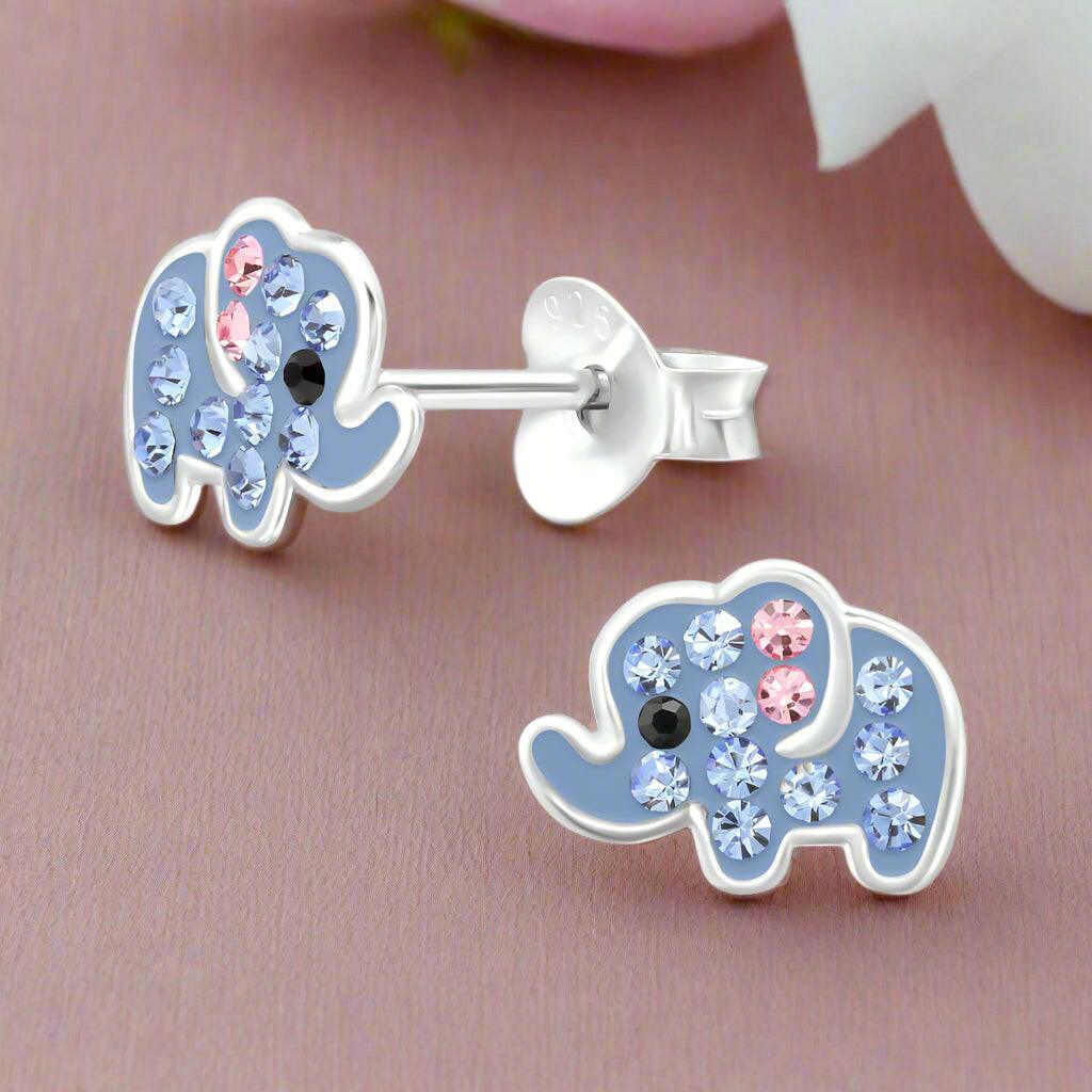 Silver Blue Elephant Stud Earrings - Cute and Stylish Jewellery - Crumble and Core