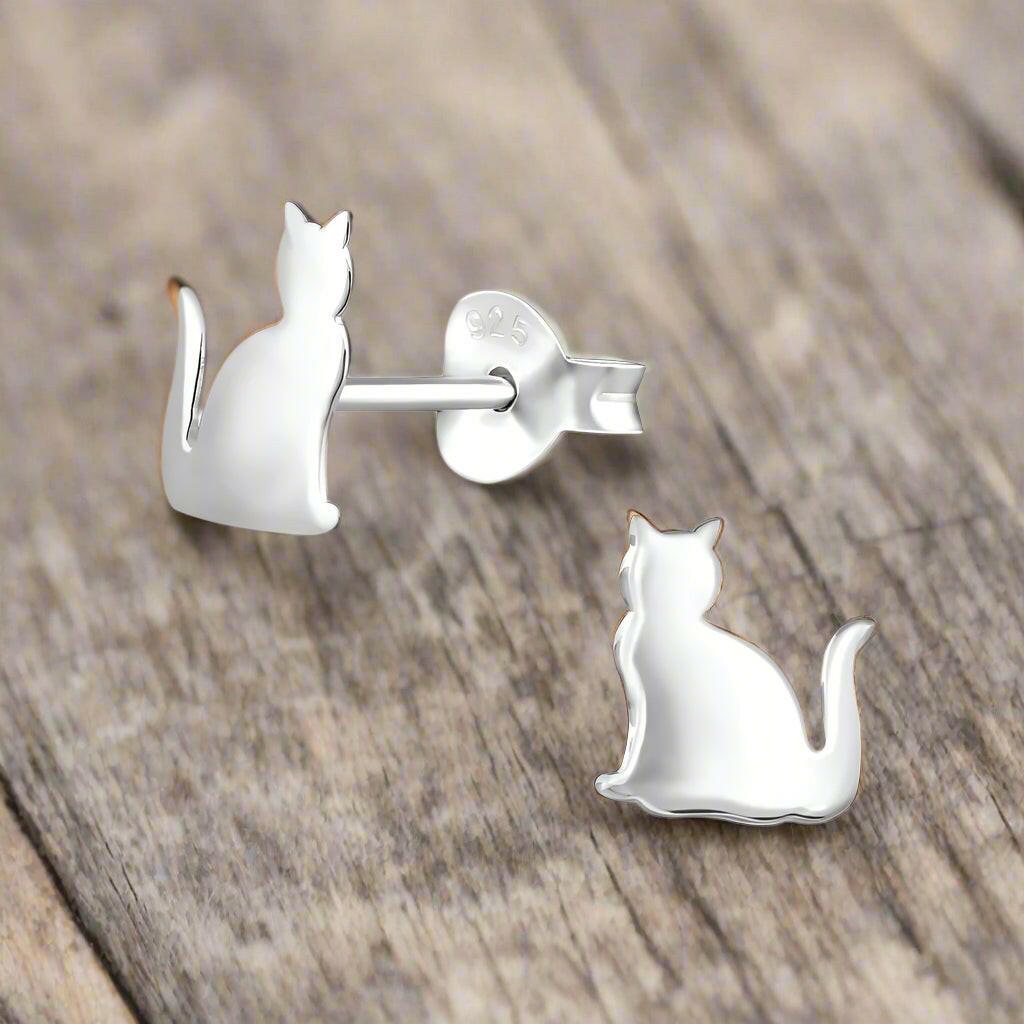 Silver Cat Stud Earrings - Stylish and Elegant Jewellery for Cat Lovers - Crumble and Core