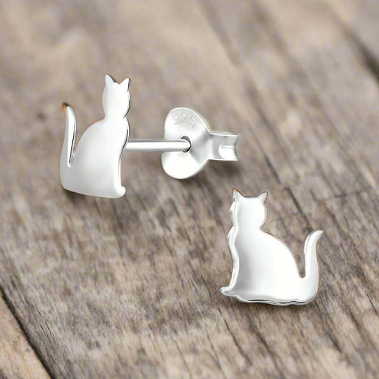 Silver Cat Stud Earrings - Stylish and Elegant Jewellery for Cat Lovers - Crumble and Core