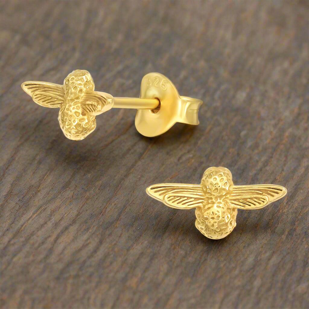 24K Gold Plated Bee Studs - Sterling Silver Earrings - Crumble and Core