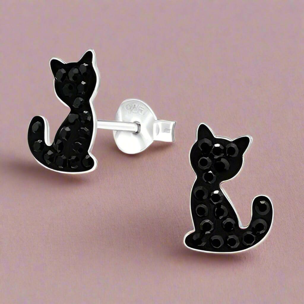 Crystal Silver Cat Stud Earrings - Stylish and Elegant Jewellery for Cat Lovers - Crumble and Core
