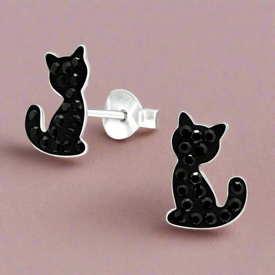 Crystal Silver Cat Stud Earrings - Stylish and Elegant Jewellery for Cat Lovers - Crumble and Core