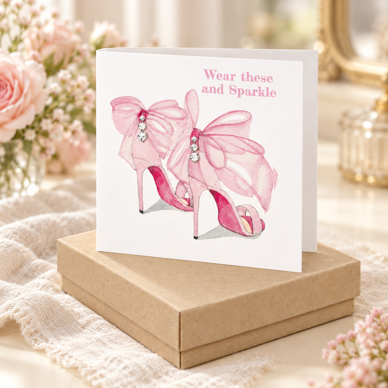 Scatola per orecchini in argento con scheda Scarpe con fiocco rosa
