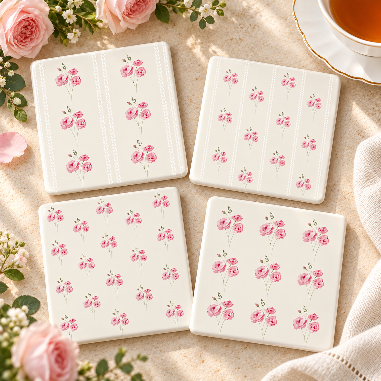 Pink Rose Ceramic Coasters – Ribbon-Tied Set of Four