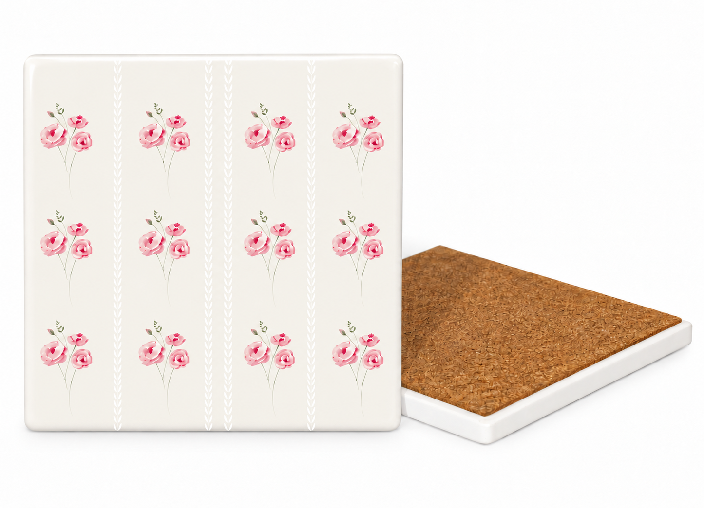 Pink Rose Ceramic Coasters – Ribbon-Tied Set of Four