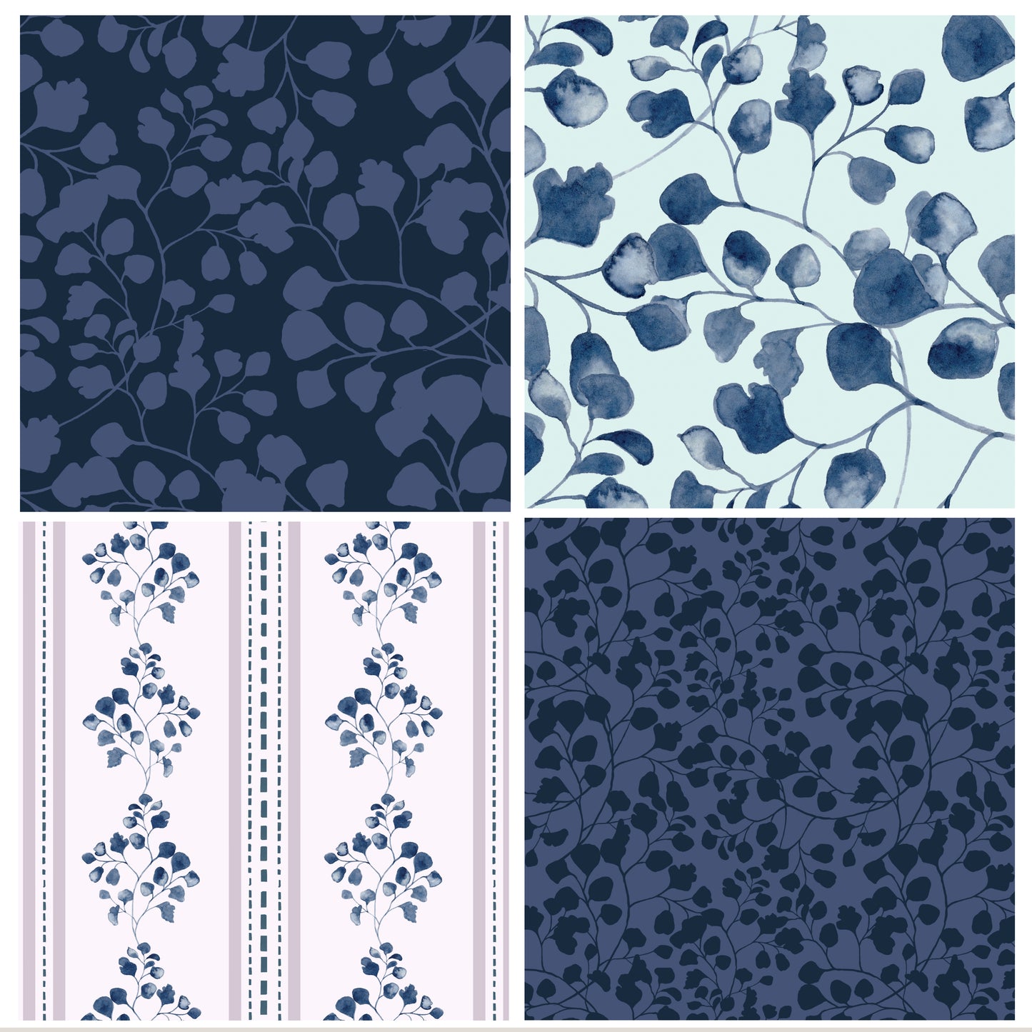 Scandi leaf pattern collection in blue tones, featuring abstract botanical designs.