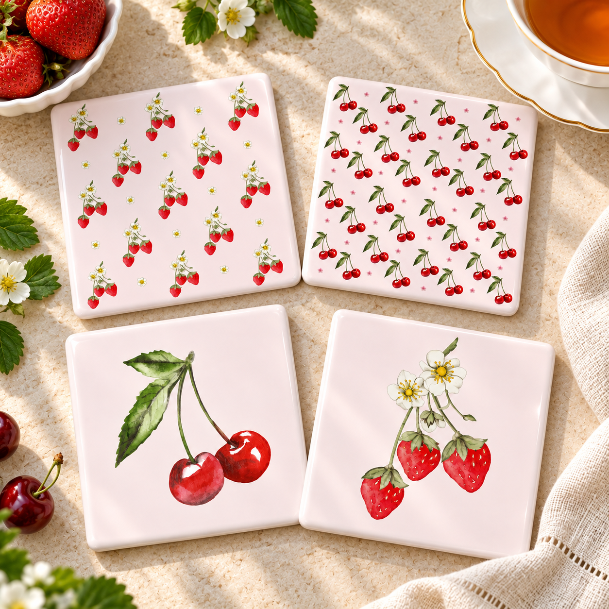 Watercolour Fruit Ceramic Coasters - Ribbon-Tied Set of Four