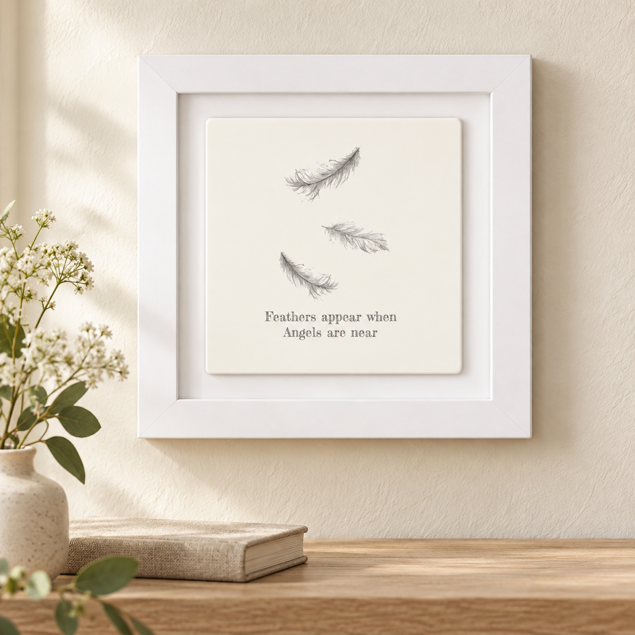 Ceramic Framed Tile – Feathers Appear Print With Wooden Frame | Small Wall Art Remembrance Gift