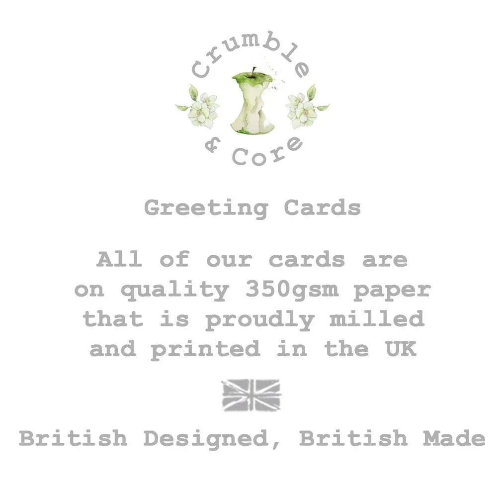 Greeting cards announcement with apple core illustration, UK flag, text about British-made quality paper.